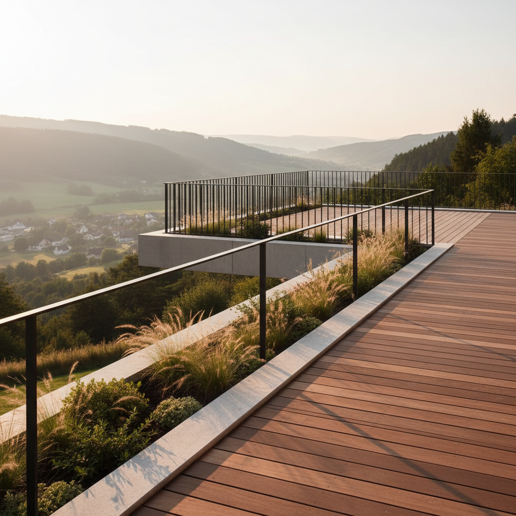 An elegant exterior terrace of a sustainable hillside residence, featuring a slender cantilevered concrete slab, slim black steel balustrades, and warm thermally modified wood decking arranged in precise linear patterns. Built-in planters overflow subtly with native grasses and low shrubs, while a distant European valley and forested slopes fade into soft focus. The scene is captured during golden hour in photographic realism, with sunlight grazing the edges of the concrete and steel, casting long, delicate shadows across the deck. Framed from a three-quarter angle at railing height, the composition emphasizes horizon lines and depth. The mood is contemplative and luxurious yet understated, conveying timeless architectural quality and a deep connection to landscape without any presence of people.