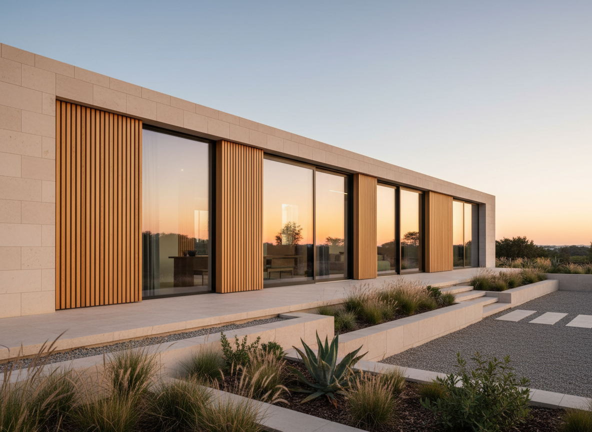 A meticulously detailed exterior of a European modernist home with clean limestone facades and vertical timber slats in warm oak tones, set on a gently sloping landscaped plot. Tall, frameless glass panels reveal hints of a refined interior without showing any people. Early evening natural light washes the building, creating long, elegant shadows across the gravel forecourt and low stone planters with ornamental grasses. Photographic realism with a slightly elevated, three-quarter view composition, sharp focus throughout. The sky carries a soft golden hour gradient, lending a serene, timeless atmosphere that communicates high design, sustainable luxury, and architectural sophistication suitable for a hero image on an architect’s portfolio site.