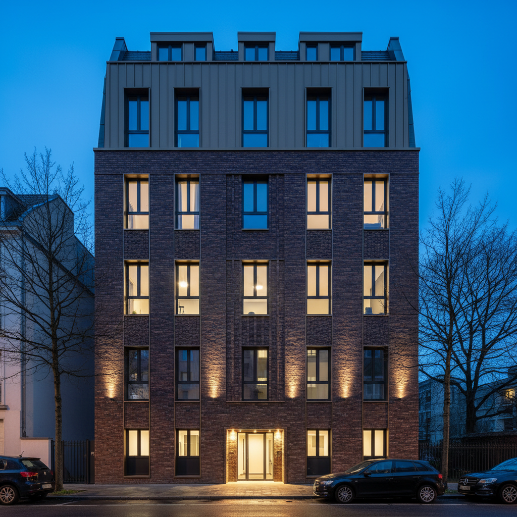 A twilight exterior of a compact, high-end European infill apartment building clad in finely detailed brickwork and vertical bronze-anodized aluminum fins, set on a quiet city street. Discreet, warm LED lighting washes the entrance recess and highlights the depth of the brick relief, while interior lights glow softly through carefully proportioned windows, suggesting life within without revealing any people. Photographic realism with a slightly low-angle perspective to emphasize elegance and verticality, balanced by a calm, symmetrical composition. The sky is deep blue, reflecting faintly on metal surfaces. The overall mood is sophisticated, urban, and timeless, highlighting sustainable materials and crafted façade design for a portfolio of multi-residential architecture.