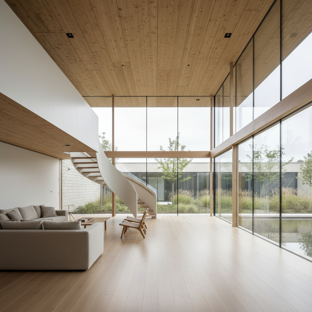 A luminous double-height living space in a European sustainable home, featuring exposed cross-laminated timber ceilings, pale oak floors, and a sculptural staircase in white steel and light wood. Floor-to-ceiling windows open to a minimalist courtyard with native plantings and a reflecting pool, all devoid of human presence. Soft overcast daylight diffuses evenly through the glazing, highlighting natural textures and casting gentle, barely-there shadows. Captured at eye level in photographic realism with a wide-angle lens, the composition emphasizes clarity, volume, and calm. The mood is serene and refined, showcasing timeless, eco-conscious architectural design with a clean, modern, sophisticated aesthetic for a portfolio interior showcase.
