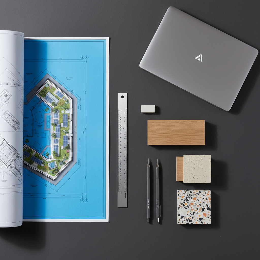A conceptual overhead view of an architect’s workspace, arranged with precision on a matte charcoal desk surface. A large, partially unrolled architectural blueprint of a sustainable urban building sits alongside a minimalist metal scale ruler, graphite mechanical pencils, a small stack of textured material samples—oak, limestone, and recycled terrazzo—and a sleek, closed laptop with a brushed aluminum finish. Soft studio lighting from the left creates subtle highlights on metal edges and gentle shadows beneath objects. Photographic realism with a top-down, flat-lay composition, crisp focus across the frame. The atmosphere is calm, orderly, and intellectually sophisticated, conveying meticulous European design thinking and timeless quality without any human figures present.