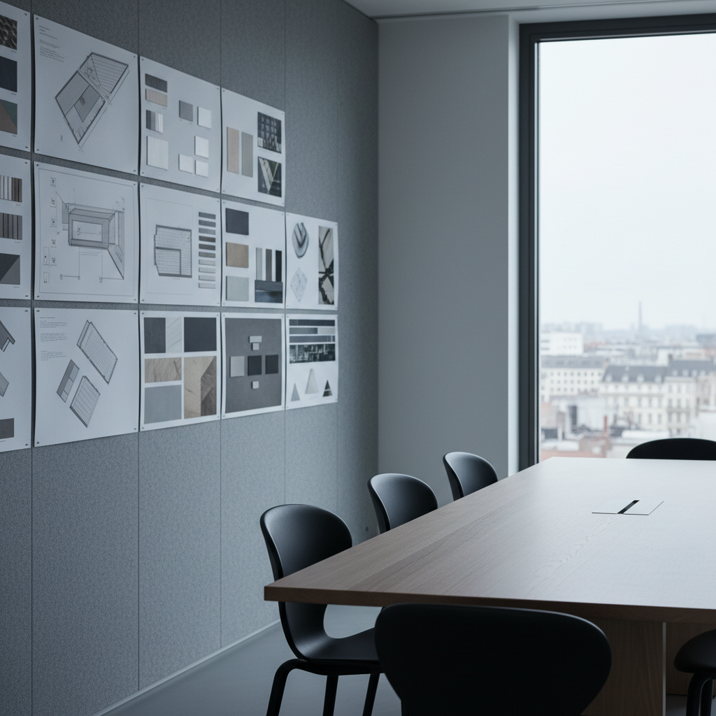 A minimalist conference space in an architecture studio, featuring a long, slim oak table with a velvety matte finish, four sculptural black chairs, and a wall-length pinboard covered with neatly arranged site plans, elevations, and material palettes, all anonymized and abstracted. A large, frameless window reveals a blurred European cityscape in the distance, free of visible people. Cool northern daylight enters from the side, creating refined contrasts and crisp shadows along the table edge. Photographic realism with an eye-level, rule-of-thirds composition, moderate depth of field keeping the room sharp while the city beyond softens. The atmosphere is quiet, deliberate, and intellectually focused, expressing a sophisticated design practice preparing for a discerning client presentation.